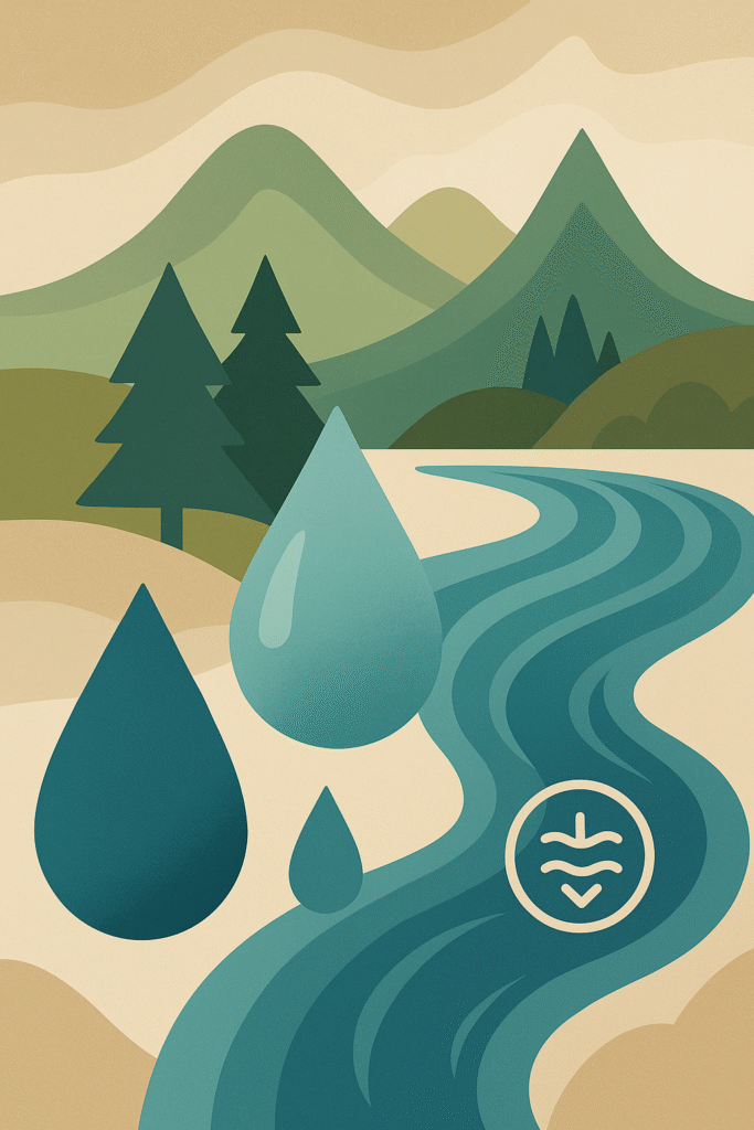 stylized mountains, forests and water droplets symbolizing the best water filtration systems for survival