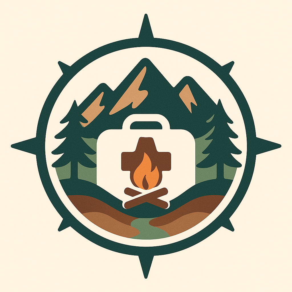 A compass‑style badge featuring mountains, trees and a campfire to symbolize self‑reliance and the wild. The logo for Gridless World.