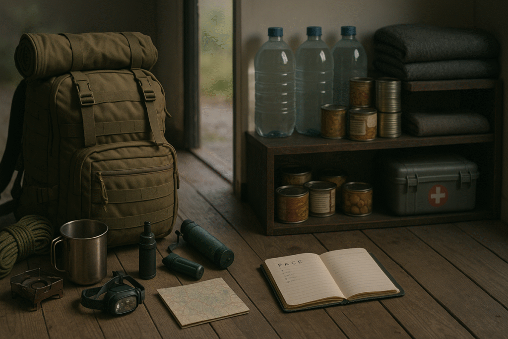 Bug-out bag with map, PACE checklist, water filter, tarp, radio, and headlamp beside a stocked home-base shelf—mobility plus layered plan.